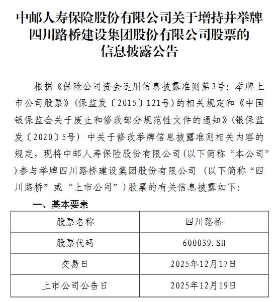 再出手！中邮保险举牌四川路桥