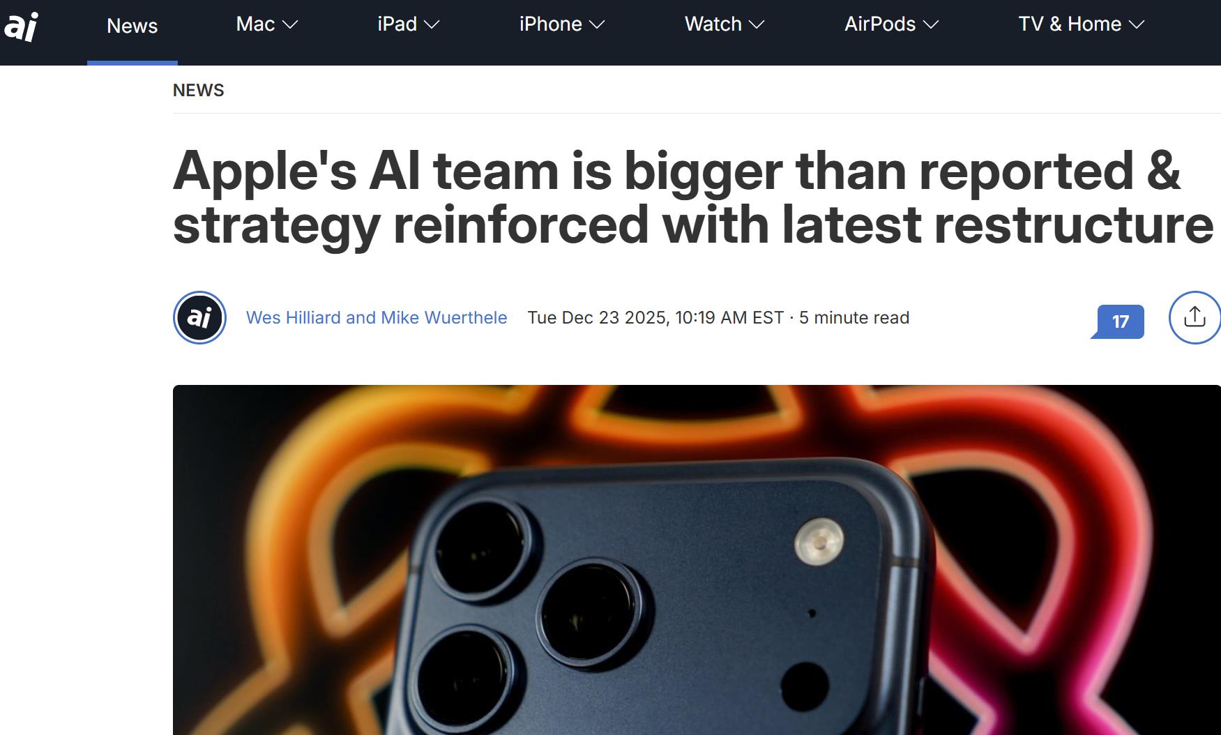 苹果AI团队规模悄然扩张，2026年架构重组锁定设备端大模型