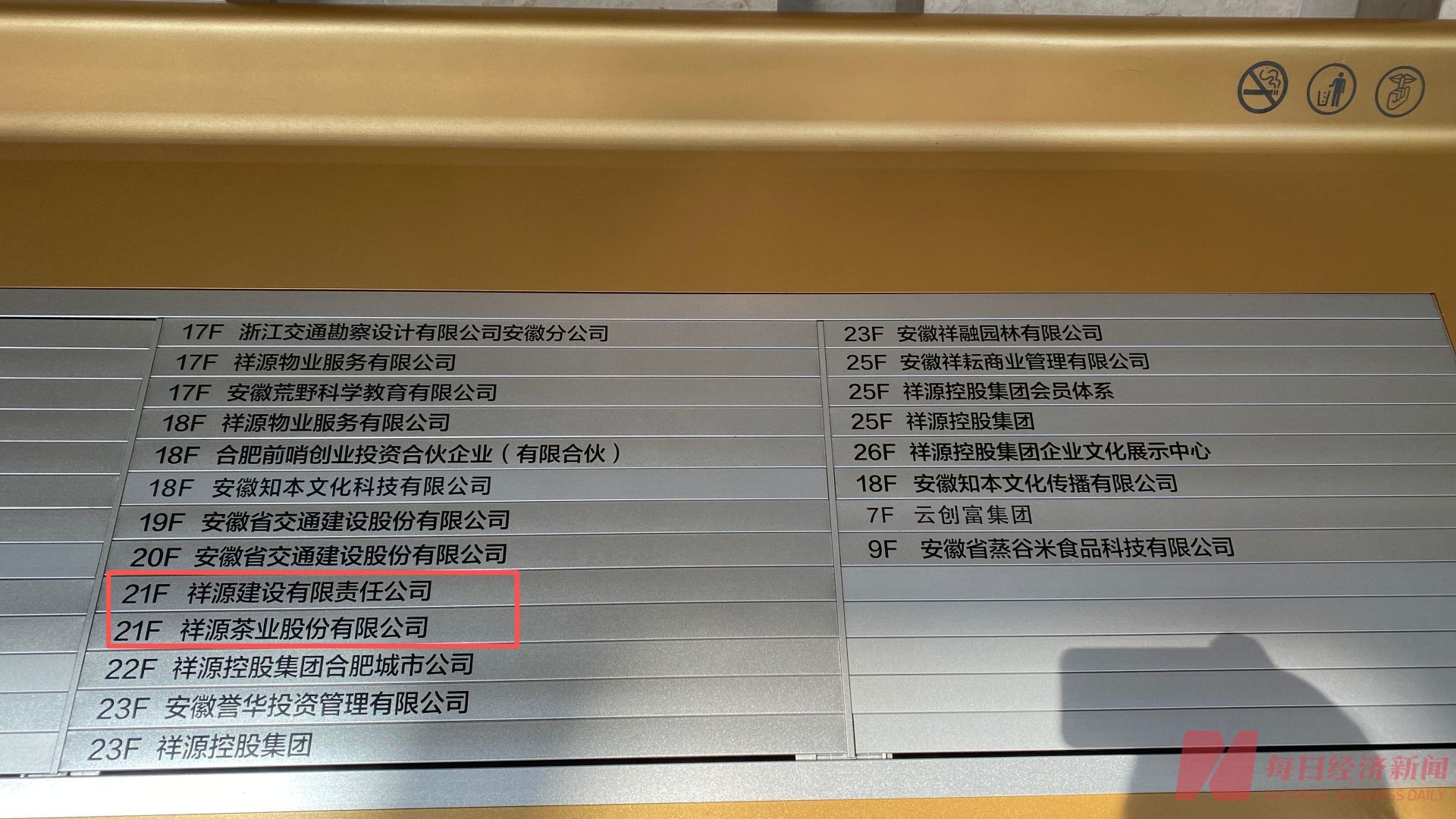 祥源广场A座1楼指示牌 图片来源：每经记者 张宝莲 摄