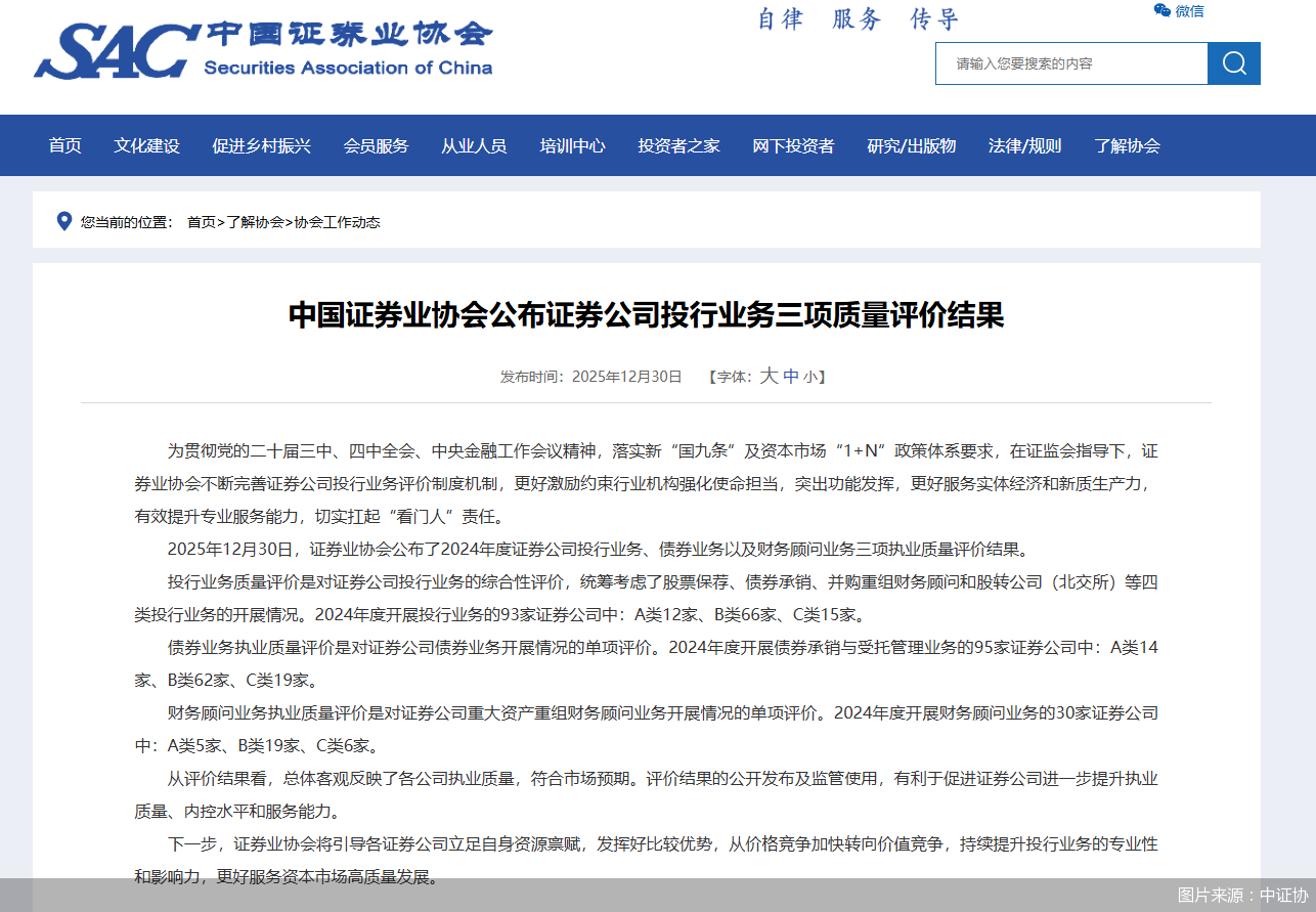 中证协公布2024年度券商投行、债券、财务顾问三项业务执业质量评价结果