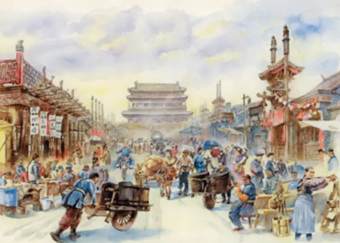热闹的街市。图为《穿越北京中轴线》（孙平、刘正南绘，北京出版社2023年10月版）内页插图。