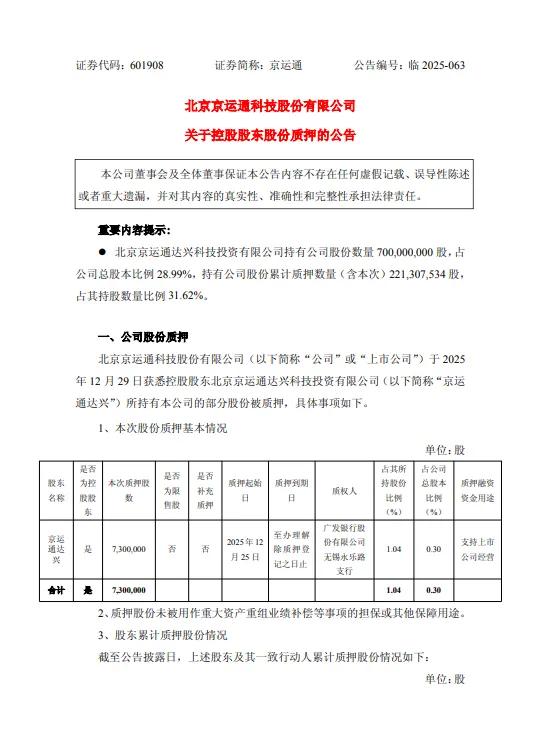 京运通:控股股东京运通达兴质押730万股