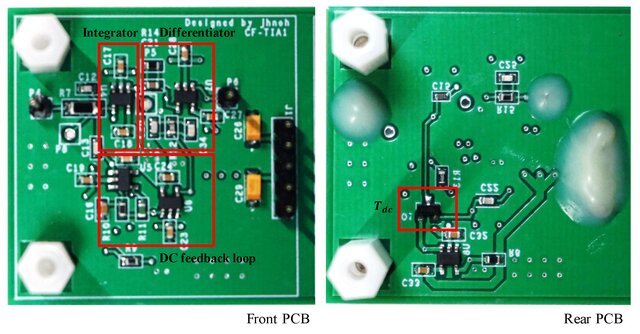 图3。CF-TIA的硬件实现,展示了晶体管和补偿网络在PCB上的集成。(图片来源:MDPI)