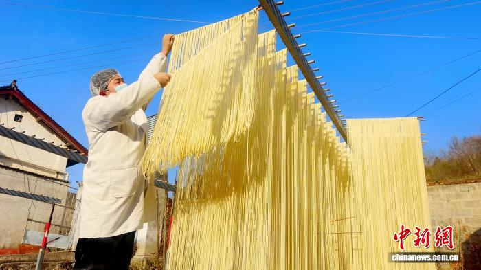 圖為1月初，甘肅隴南市徽縣永寧鎮綠鑫手工空心掛面農民專業合作社內，師傅們在晾曬手工掛面。何方 攝