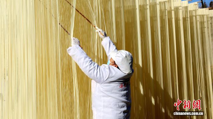 圖為1月初，甘肅隴南市徽縣永寧鎮綠鑫手工空心掛面農民專業合作社內，師傅們在晾曬手工掛面。何方 攝