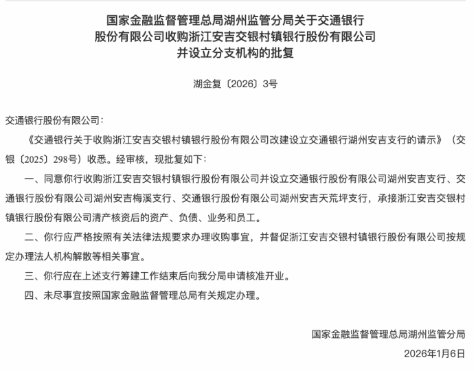 交行收购第三家村镇银行，国有大银行村改支达十家