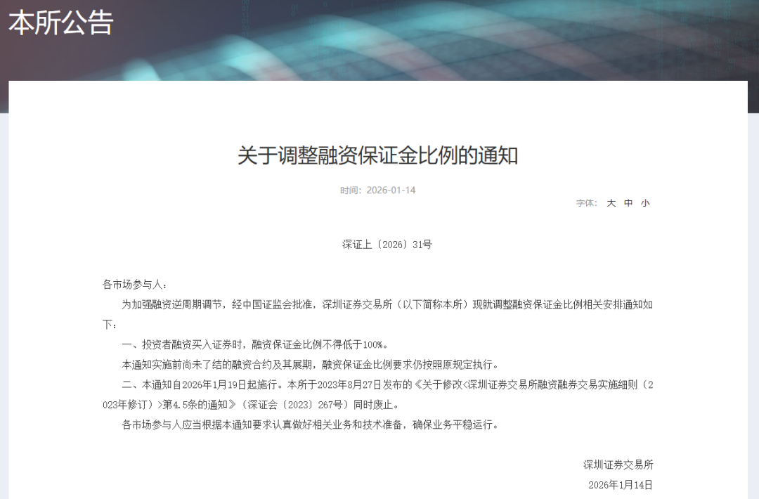 沪深北交易所：融资保证金比例从80%提高至100%