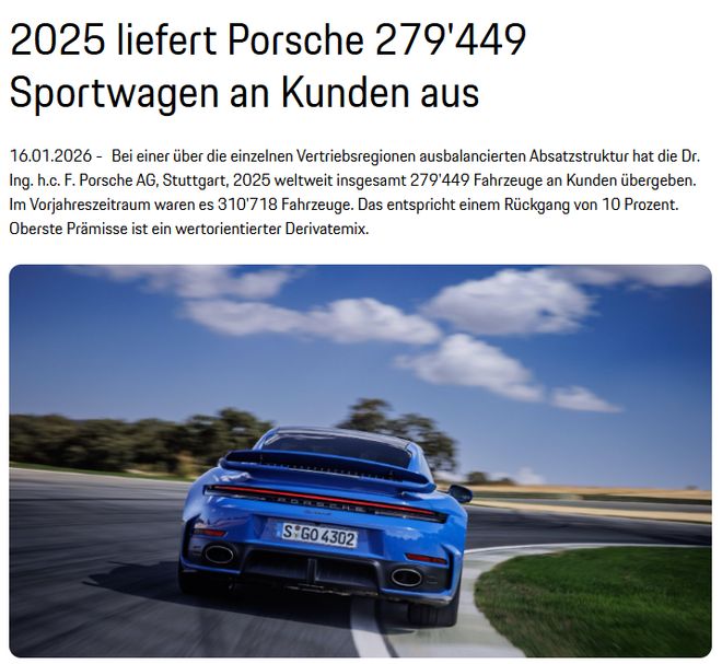 保时捷2025年全球交付量27.94万辆，同比下降10%