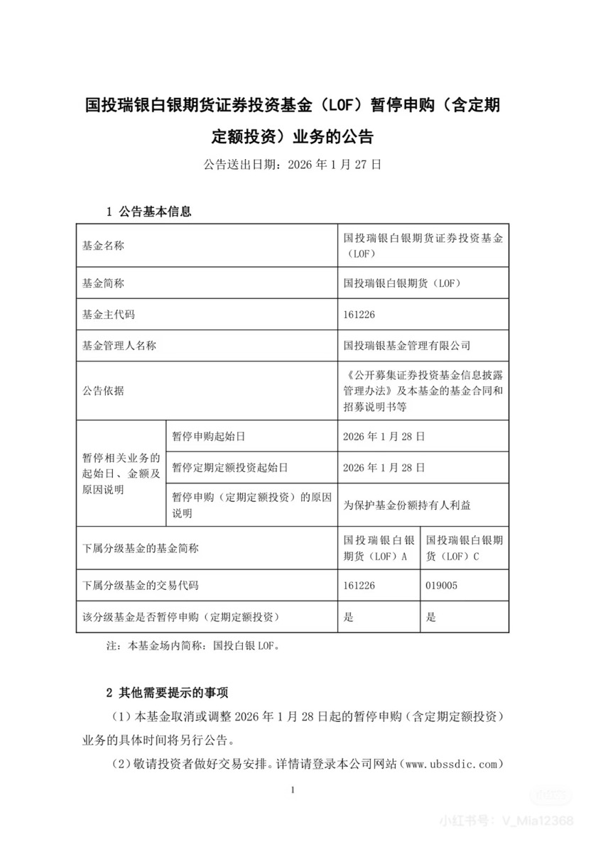 开年已狂飙50%!白银上演史诗级行情,国投瑞银基金紧急停牌