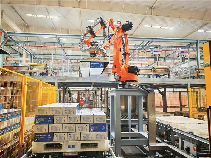 图为1月28日，在新疆天润乳业股份有限公司智能制造车间，视觉机器人码放产品。兵团日报全媒体记者 陈琼 马雪娇 摄