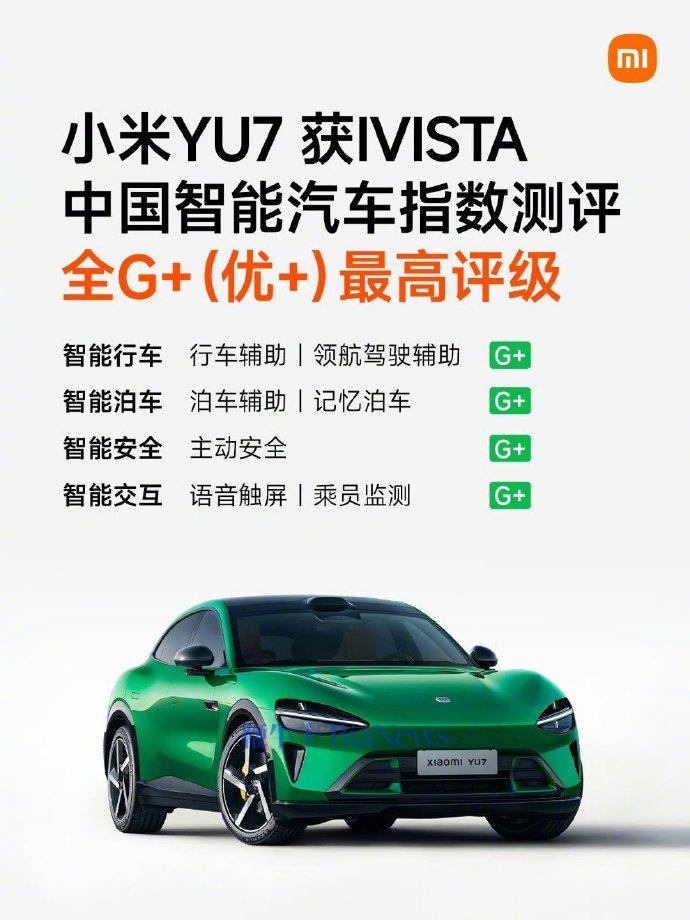 小米YU7获IVISTA中国智能汽车指数全G+评级