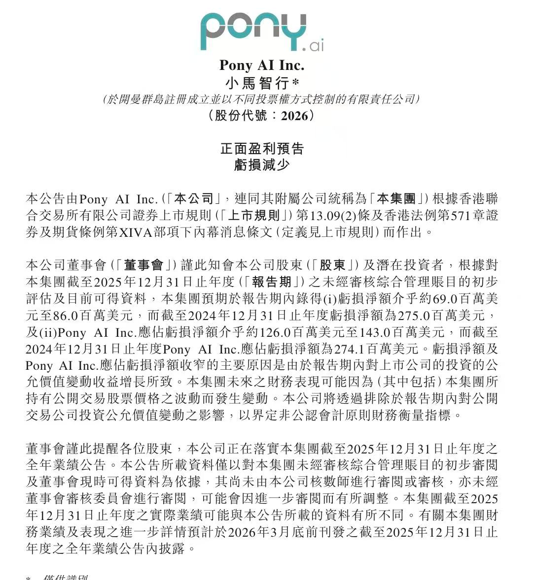 对上市公司投资公允价值变动收益增长，小马智行预计2025年录得亏损净额收窄