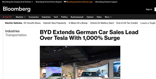 比亚迪1月德国销量同比激增10倍，超特斯拉两倍