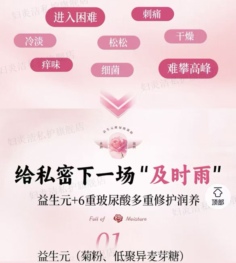 妇炎洁私护旗舰店妇炎洁益生元玻尿酸滋润凝胶宣传截图。
