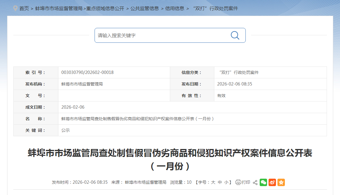 蚌埠市市场监管局查处制售假冒伪劣商品和侵犯知识产权案件信息公开表（一月份）