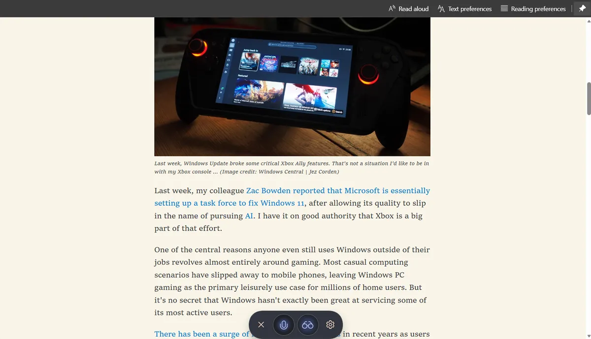 微软改版 Edge 浏览器阅读模式：朗读变 AI 摘要