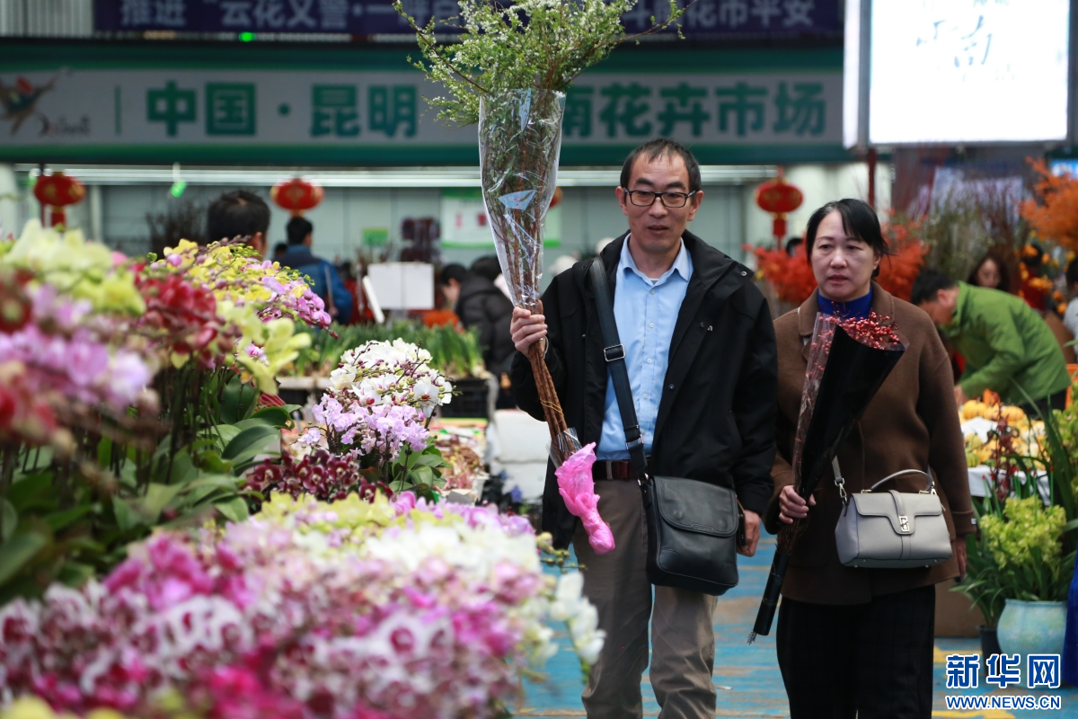 2月8日，人们在云南昆明斗南花卉市场内选购鲜花。新华网发（薛莹莹 摄）