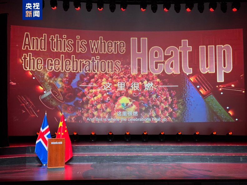 △中央广播电视总台马年春晚宣传片在中国驻冰岛大使馆新春招待会播放