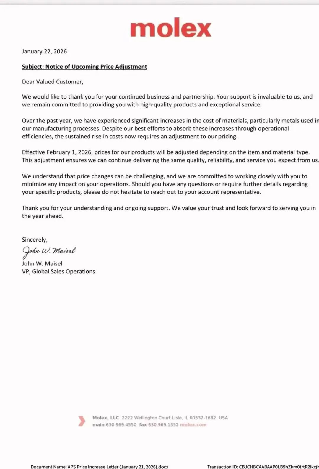 图10:Molex(莫仕)2026年1月22发布涨价函