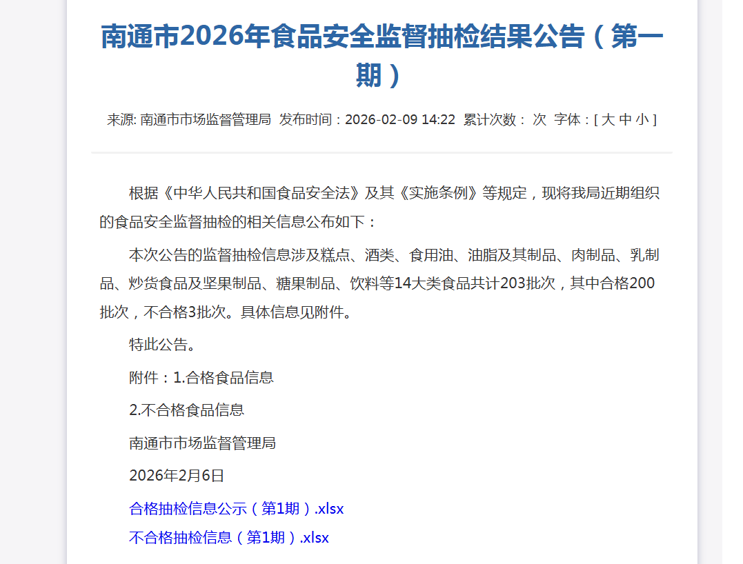 江苏省南通市2026年食品安全监督抽检结果公告（第一期）