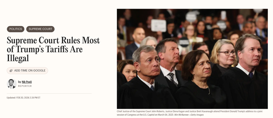 △《时代》报道，最高法院裁定特朗普的大部分关税政策违法，这对其经济议程的核心造成沉重打击