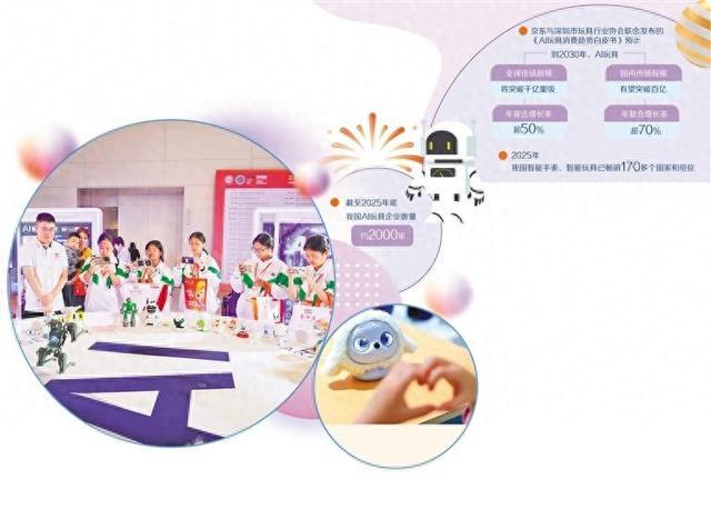 （左）在广东汕头举行的第24届汕头·澄海国际玩具礼品博览会上，观众在AI展区观看机器狗玩具表演。新华社记者 肖恩楠摄