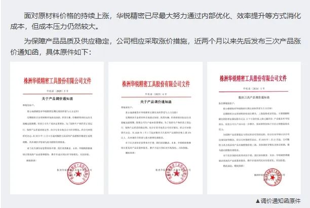 1月26日《关于华锐精密产品价格调整的说明》截图。来源：“华锐精密”微信号