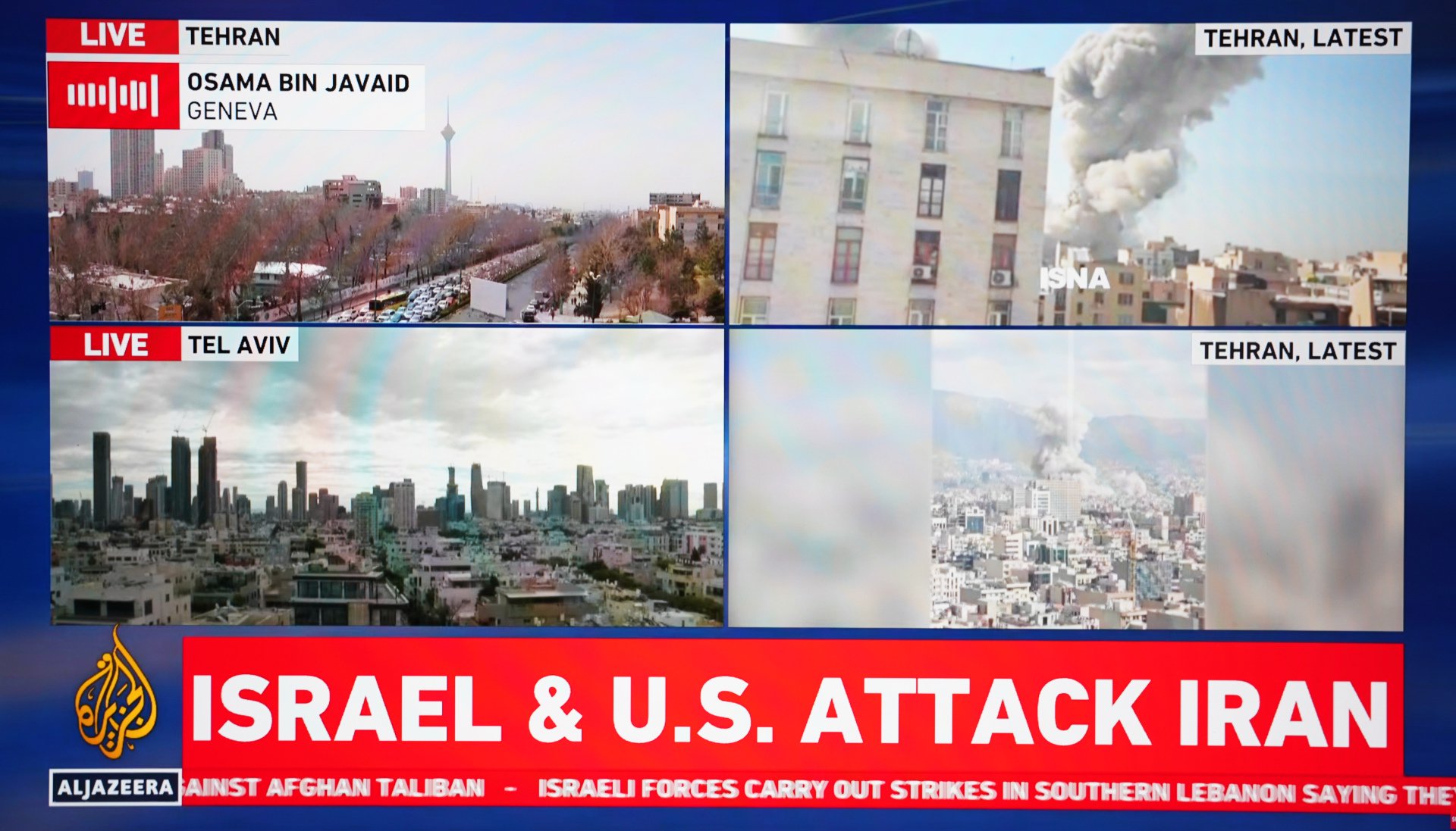 这张2月28日拍摄的半岛电视台直播画面显示的是美国与以色列对伊朗发起联合军事行动。图片来源：新华社记者 张浩波 摄