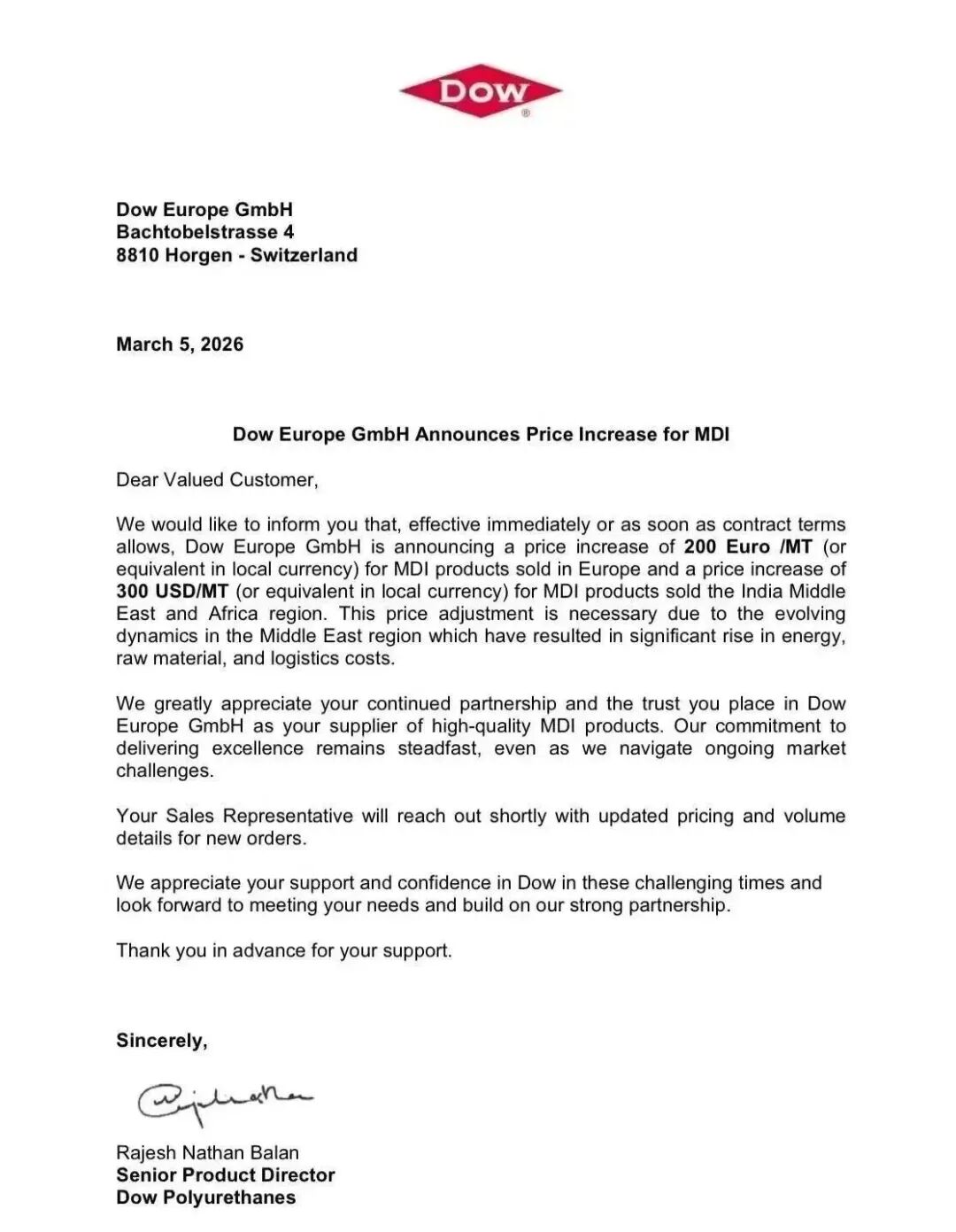 ▲ 陶氏宣布聚醚多元醇价格上调