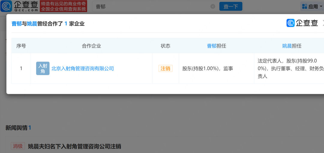 综合丨姚晨个人微博 企查查APP