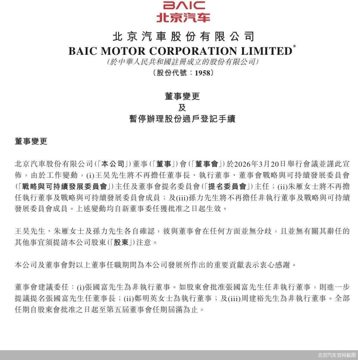 北京汽车：王昊卸任董事长，提名张国富接任