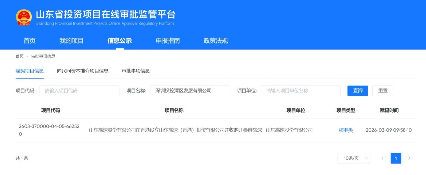 图片来源：山东省投资项目在线审批监管平台截图