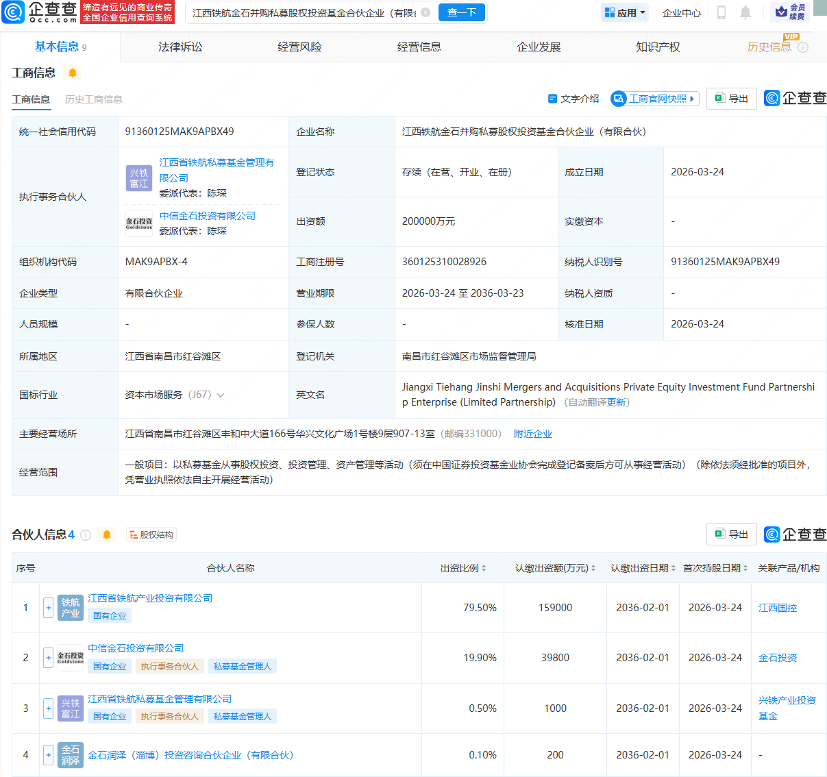 中信金石、江西国资等成立私募股权投资基金，出资额20亿