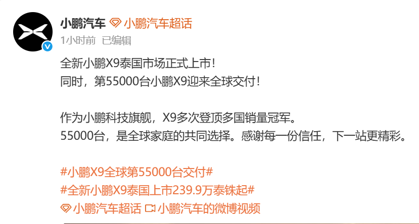 小鹏汽车：全新小鹏X9在泰国正式上市