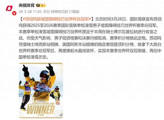 苏翊鸣获坡面障碍技巧世界杯总冠军