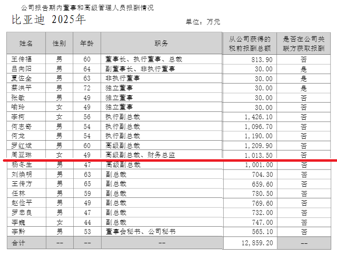 或为A股最高 比亚迪财务总监年薪1013万元
