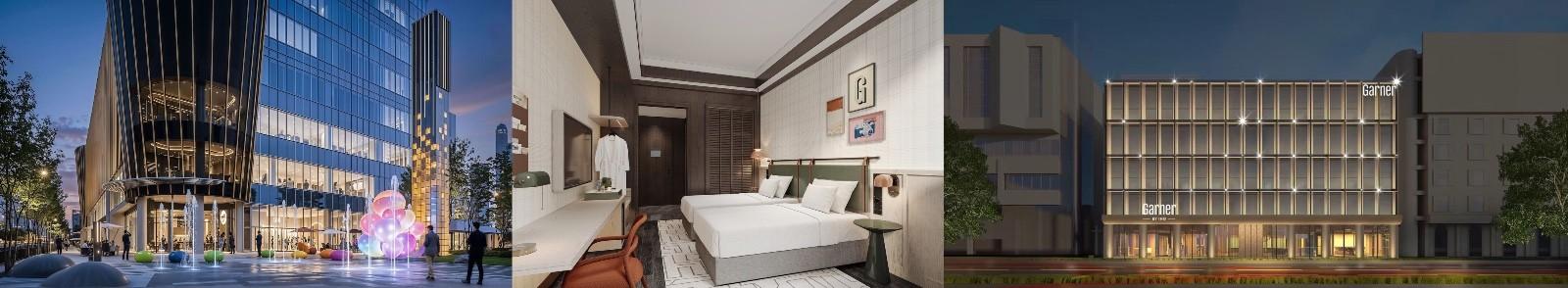 佳阁酒店效果图从左至右：上海陆家嘴、重庆解放碑、杭州西湖