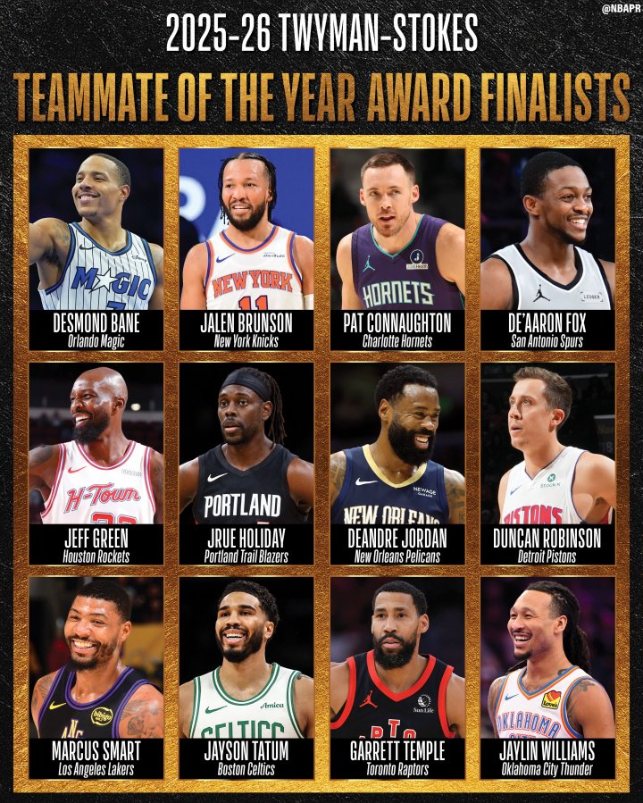 最佳队友奖候选：塔图姆&福克斯&斯玛特&杰夫·格林&霍勒迪等12人