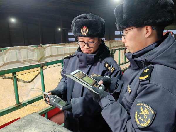 同江海關關員現場查驗進口貨物