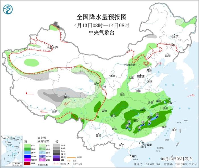 全國降水量預報圖(4月13日08時-14日08時) 圖片來源：中央氣象台網站