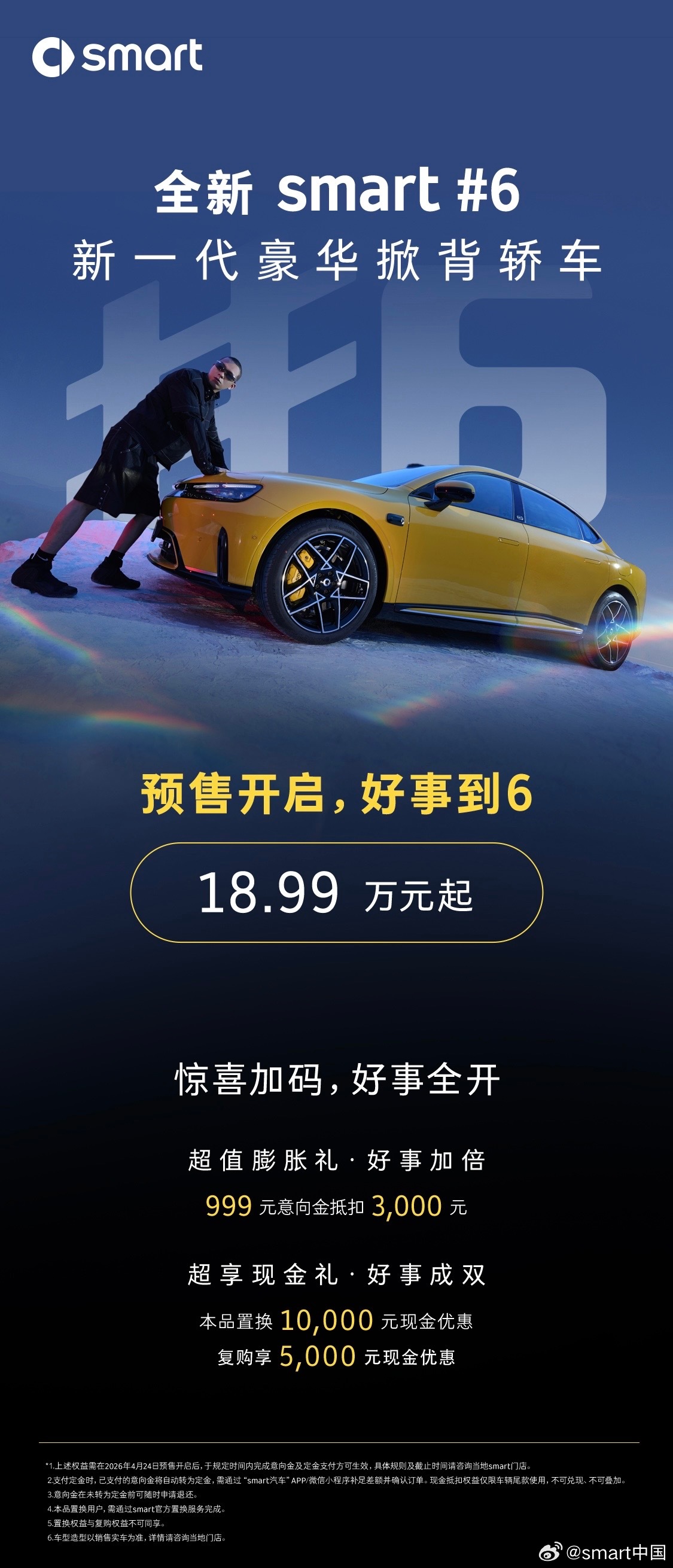 smart 史上最大车型：全新 smart 精灵 6 号掀背插混轿车开启预售，18.99 万元起