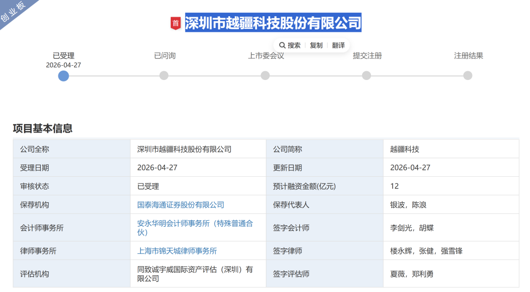 越疆IPO获创业板受理，新任33岁董秘为前头部券商投行副总、保代！