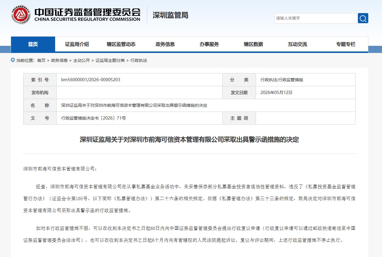 可信资本私募业务违规被警示