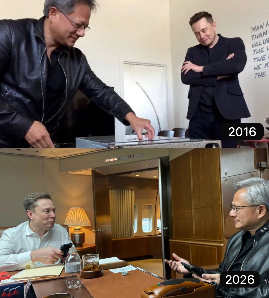 马斯克点赞和黄仁勋在空军一号的合影！网友：跨越十年的友谊！