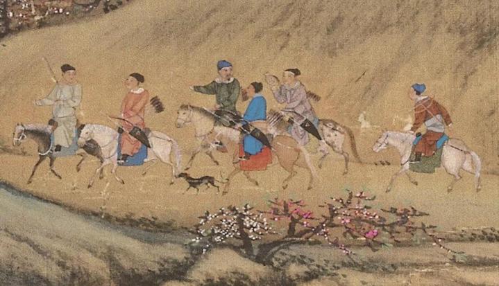 清·郎世寧《雍正十二月行樂圖》（《三月賞桃》局部），藏於故宮博物院