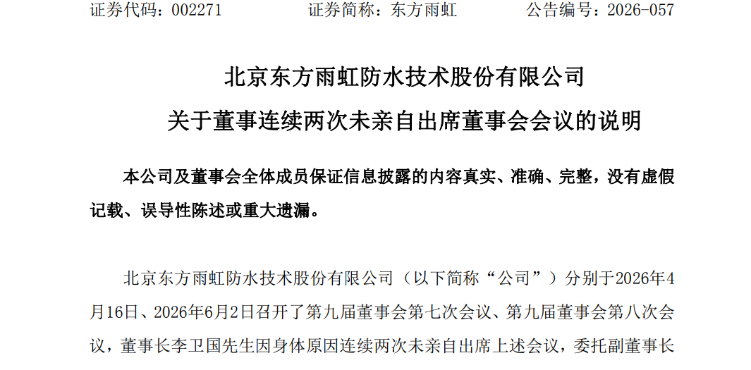 东方雨虹李卫国缺席两次董事会，均委托许利民代行表决