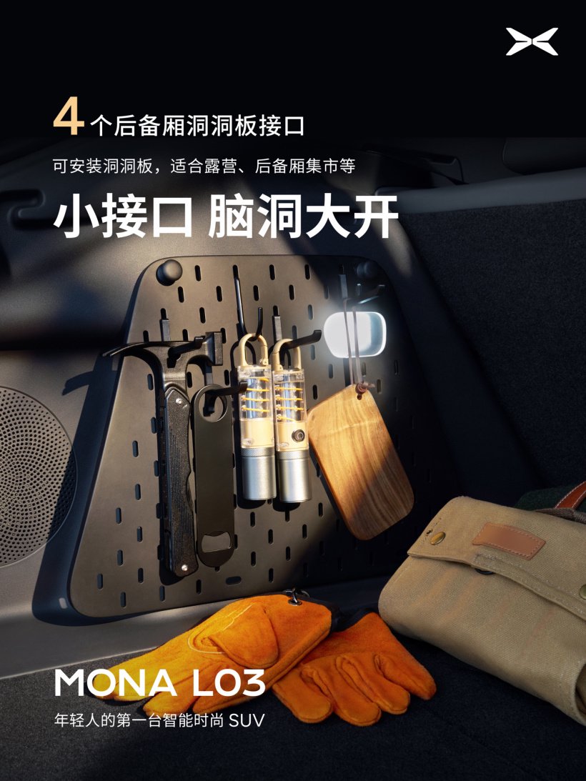 小鹏 MONA L03 公布 23 处拓展接口，可架设运动相机、手机支架等