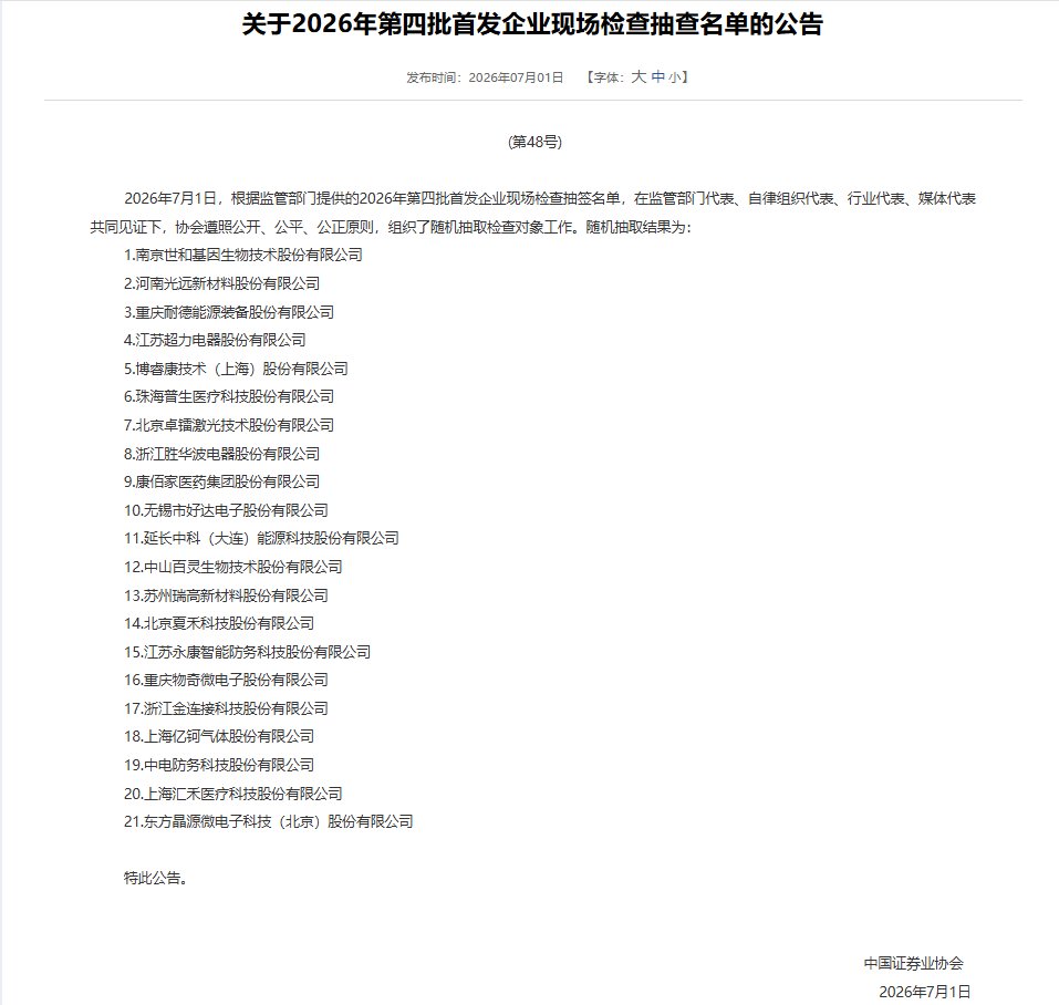 刚刚！21家企业被抽中IPO现场检查