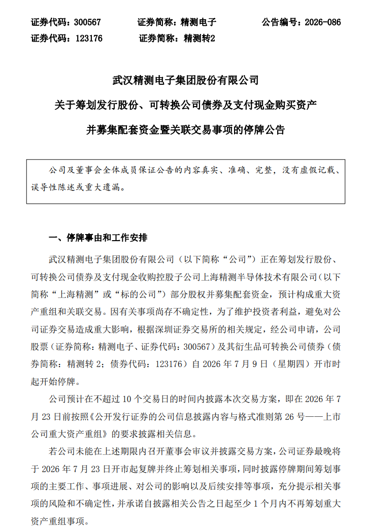 筹划重大资产重组，精测电子明日停牌