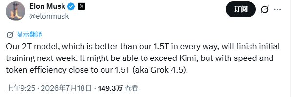 马斯克称或能赶超Kimi 其2T模型将于下周完成初步训练